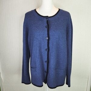 Orvis Womens XL Blue 100% Lambswool Button Front Cardigan Sweater Contrast Trim